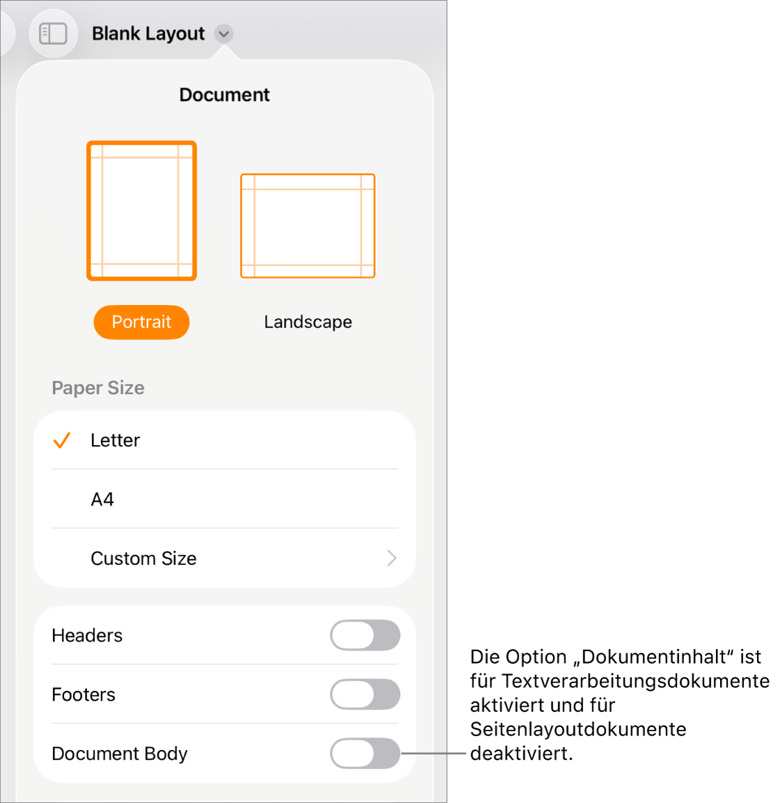 Die Steuerelemente für das Dokumentformat mit aktivierter Option „Dokumentinhalt“ unten auf dem Bildschirm.