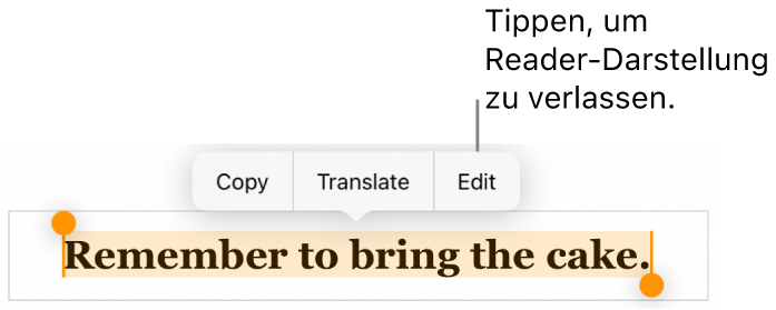 Ein Satz ist ausgewählt und darüber befindet sich ein Kontextmenü mit den Optionen „Kopieren“ und „Bearbeiten“.