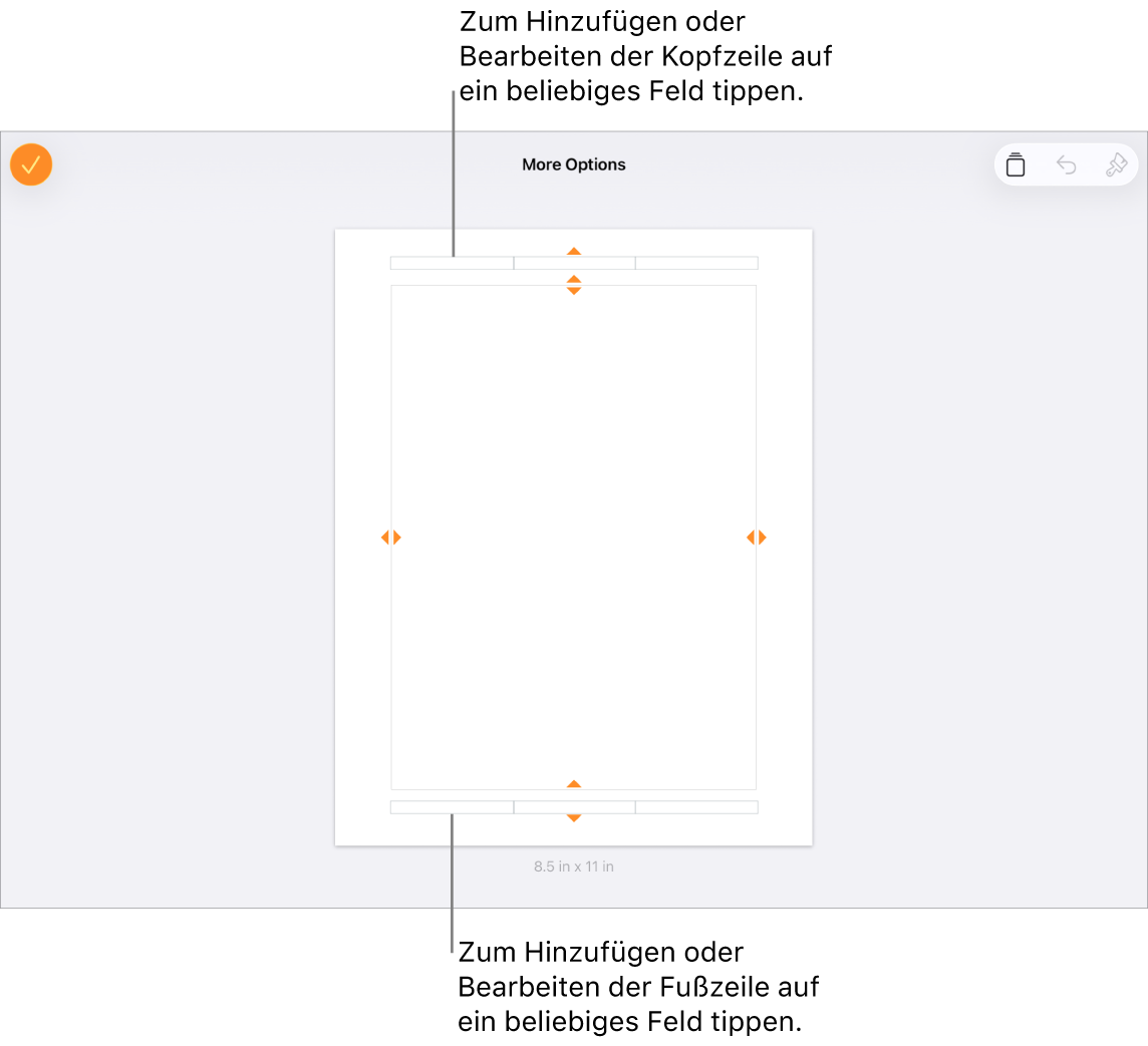 Die Darstellung „Weitere Optionen“ mit drei Feldern für Kopfzeilen oben im Dokument und drei Feldern für Fußzeilen unten im Dokument.
