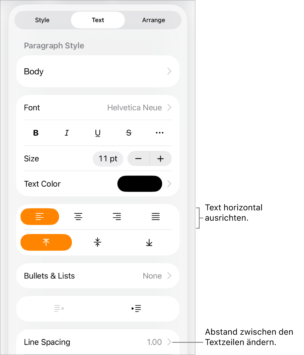 Die Taste für die Formatsteuerungen mit dem ausgewählten Tab „Text“ und Beschriftungen für die Textausrichtungstasten und die Menüoption „Zeilenabstand“.