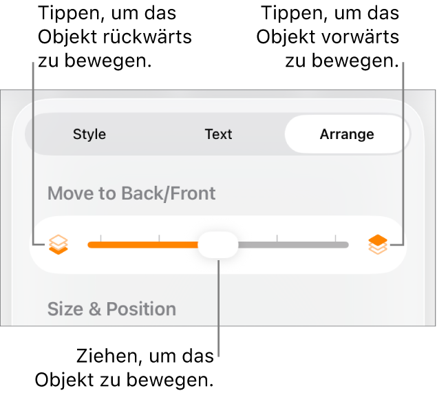 Die Taste für zurück, die Taste für vorwärts und Regler für Ebenen