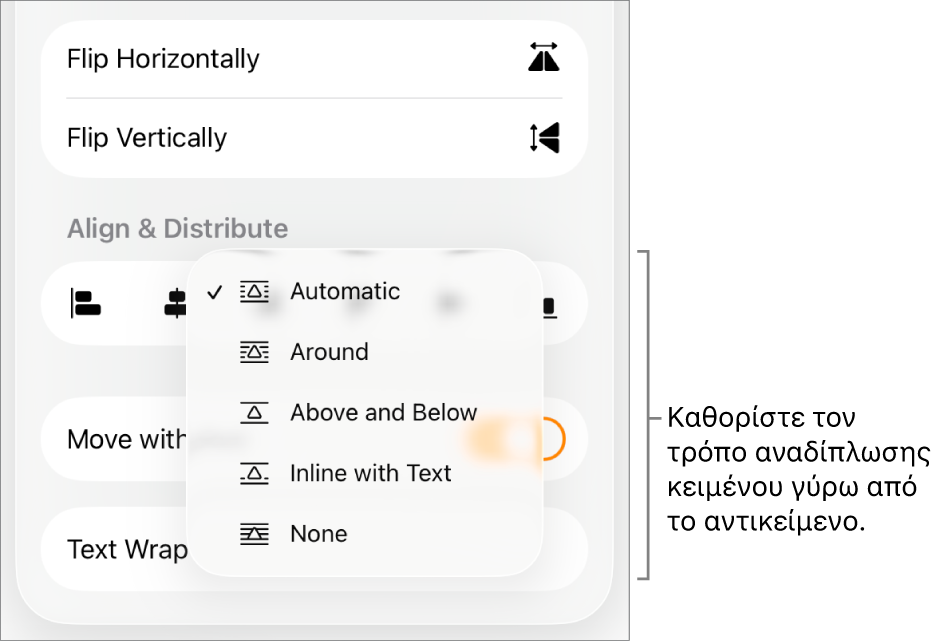 Τα στοιχεία ελέγχου «Μορφή» με επιλεγμένη την καρτέλα «Διευθέτηση». Από κάτω εμφανίζονται τα στοιχεία ελέγχου αναδίπλωσης κειμένου, μεταξύ των οποίων τα «Μετακίνηση στο πίσω μέρος/σε πρώτο πλάνο», «Μετακίνηση με κείμενο» και «Αναδίπλωση κειμένου».