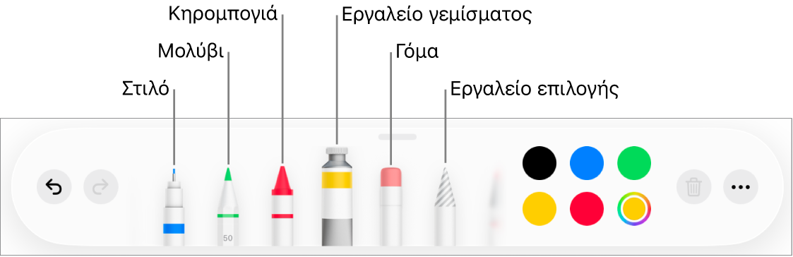 Η γραμμή εργαλείων σχεδίασης στο Pages σε iPad με στιλό, μολύβι, κηρομπογιά, εργαλείο γεμίσματος, γόμα, εργαλείο επιλογής και μια παλέτα χρωμάτων όπου εμφανίζεται το τρέχον χρώμα.