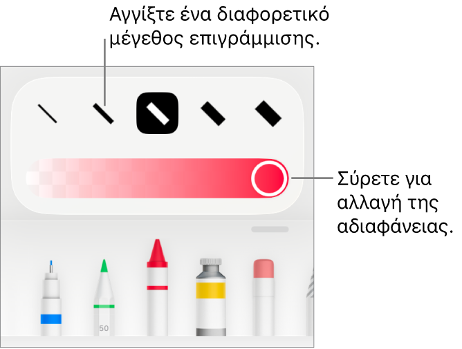 στοιχεία ελέγχου για επιλογή μεγέθους επιγράμμισης και ρυθμιστικό για προσαρμογή της αδιαφάνειας.