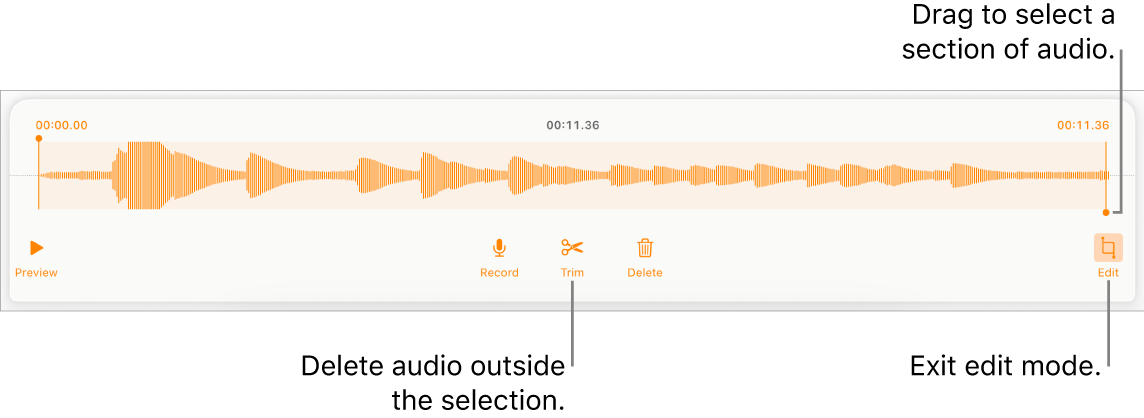 Controls for editing recorded audio. Handles indicate the selected section of the recording, and Preview, Record, Trim, Delete and Edit Mode buttons are below.