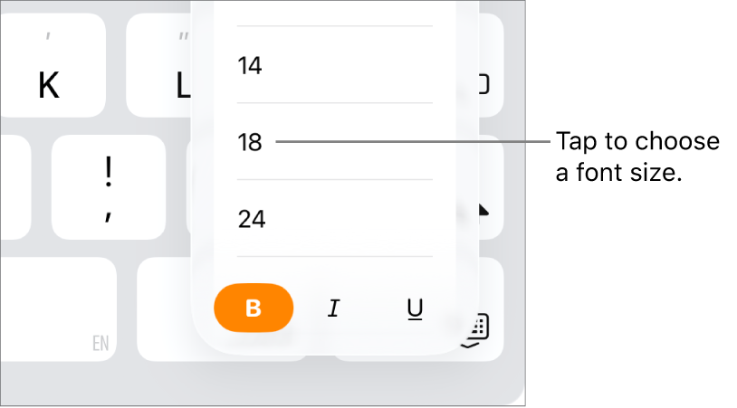 The Font Size button on the right side of the iPad keyboard with the Font Size menu open. China mainland government standard font sizes appear at the top of the menu with point sizes below.