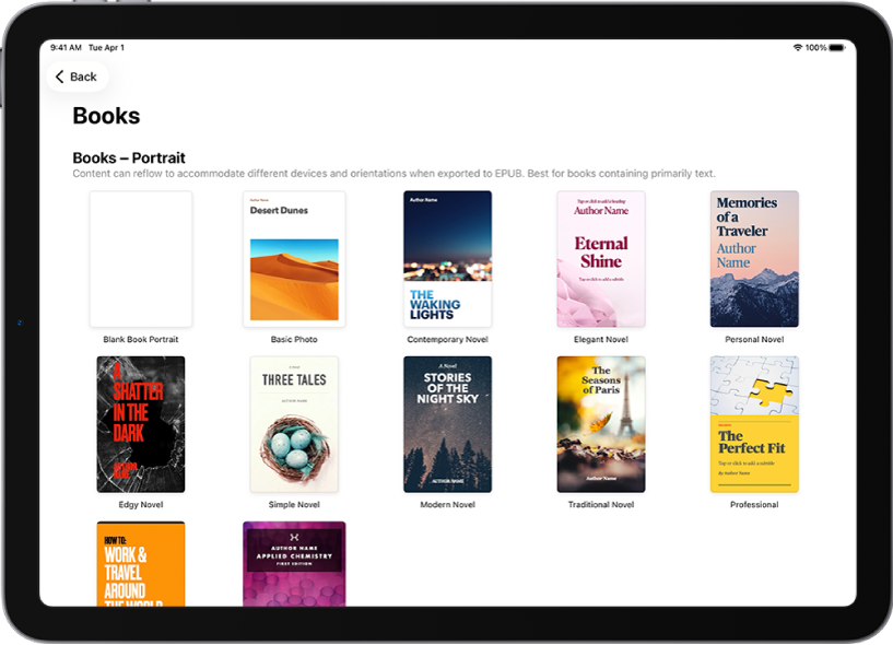 The template chooser with book templates in portrait orientation at the top and landscape orientation below.