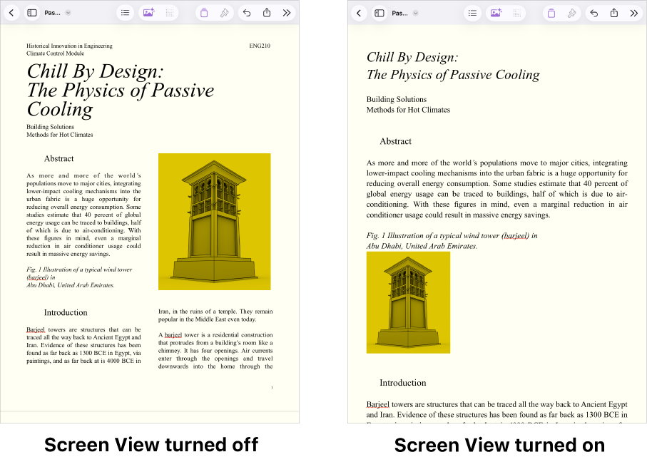 Two views of the same Pages document, one with Screen View turned on and one with Screen View turned off. In the version with Screen View turned on, text size is adjusted for the screen and page breaks and headers are hidden.