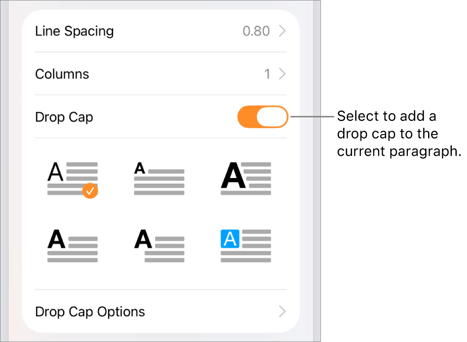 The Drop Cap controls located in the Text menu.