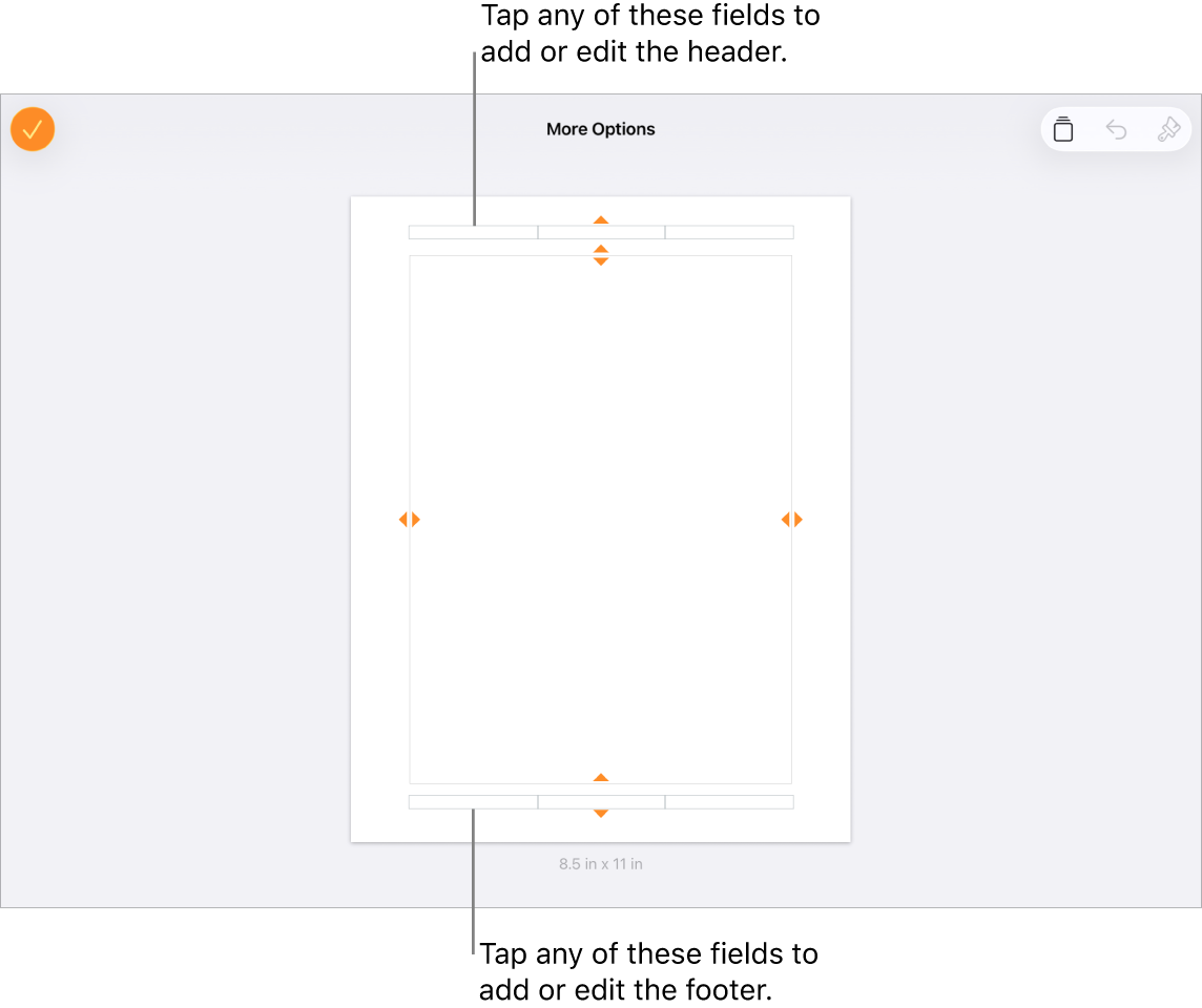 The More Options view with three fields at the top of the document for headers and three fields at the bottom for footers.