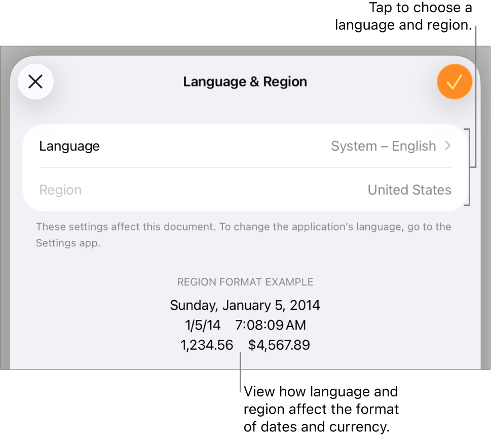 Language and Region pane with controls for language and region, and a format example including date, time, decimal and currency.