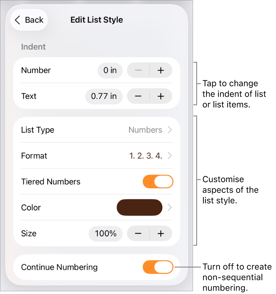 Edit List Style menu with controls for indent spacing, list type and format, tiered numbers, list colour and size, and continued numbering.