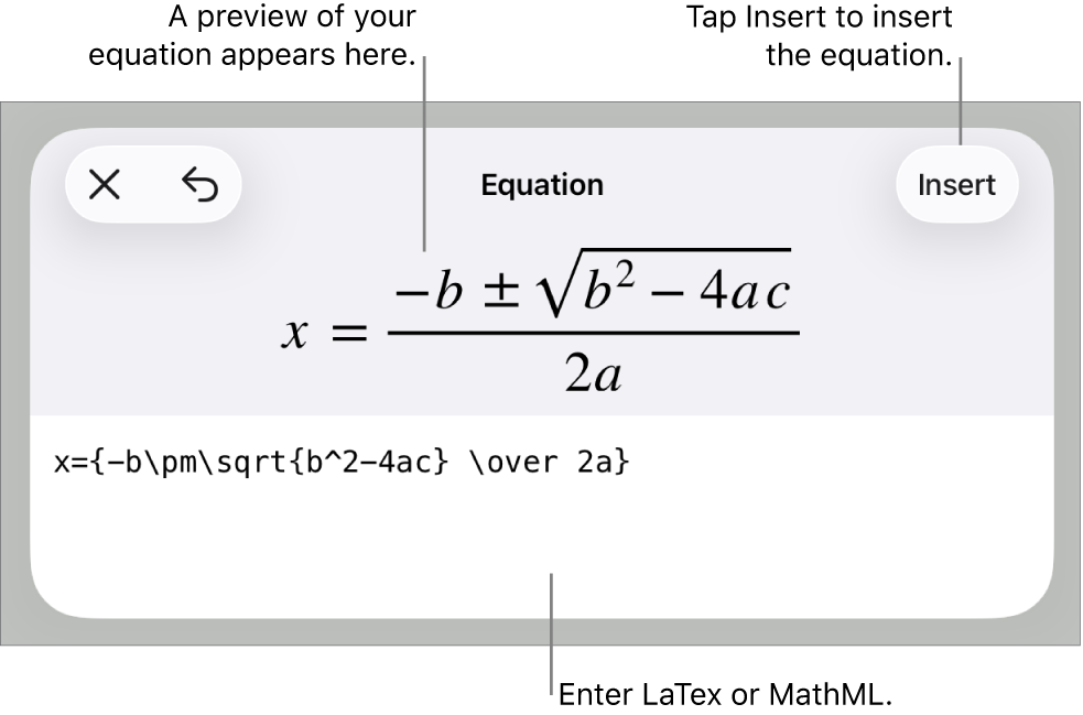 The Equation dialogue, showing an equation written using MathML commands and a preview of the formula above.
