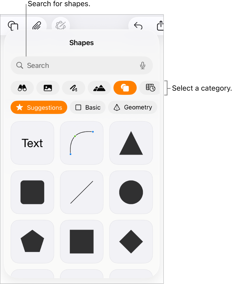 The shapes library, with categories at the top and shapes displayed below. You can use the search field at the top to find shapes and swipe to see more.
