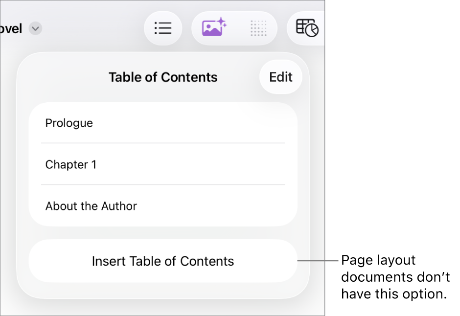 The table of contents view with Edit in the top-right corner, TOC entries and the Insert Table of Contents button at the bottom.