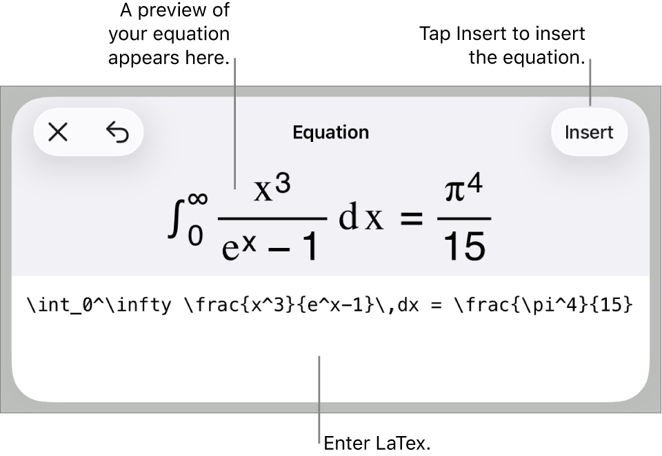 The Equation dialogue, showing an equation written using LaTex commands and a preview of the formula above.