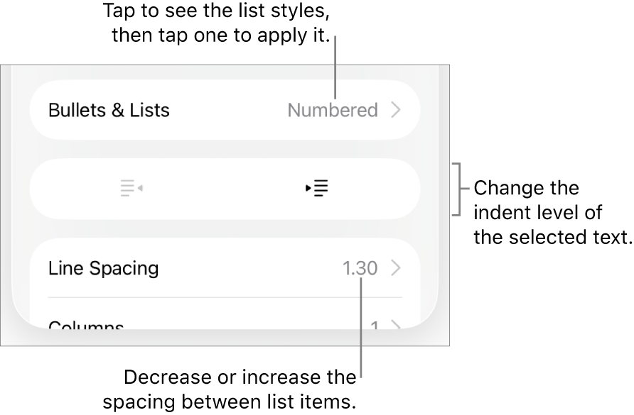 The Bullets & Lists section of the Format controls with callouts to Bullets & Lists, outdent and indent buttons, and line spacing controls.