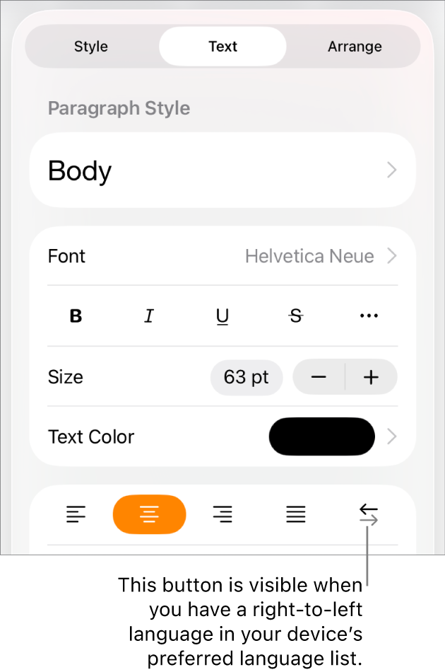Text controls in the Format menu with a callout pointing to the Right to Left button.