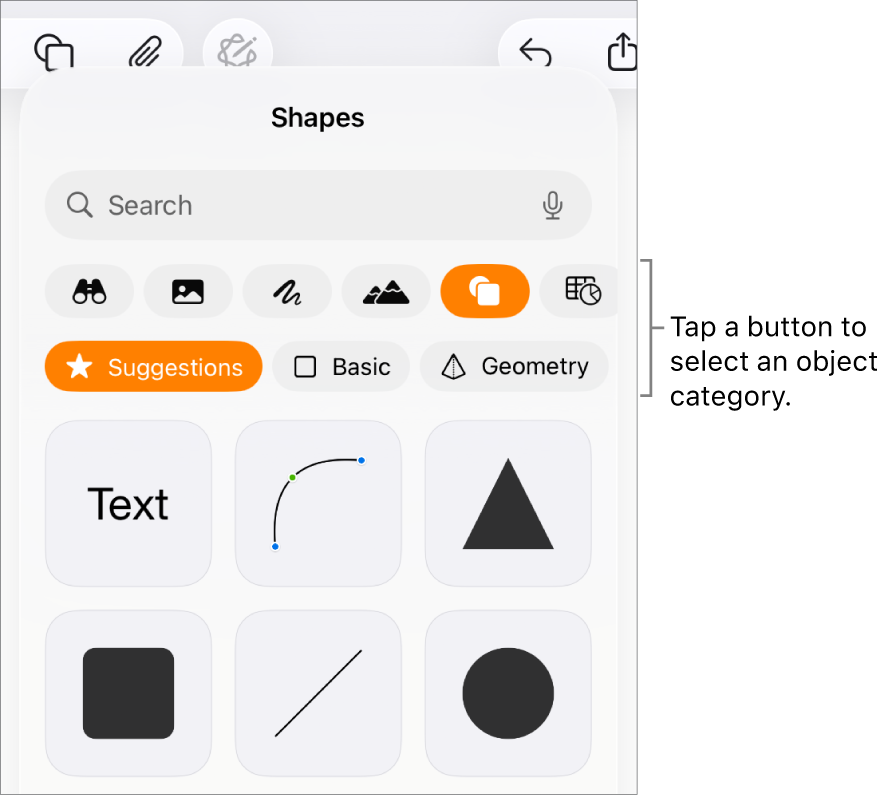 The controls for adding an object, with buttons at the top to choose tables, charts, shapes (including lines and text boxes), and media.