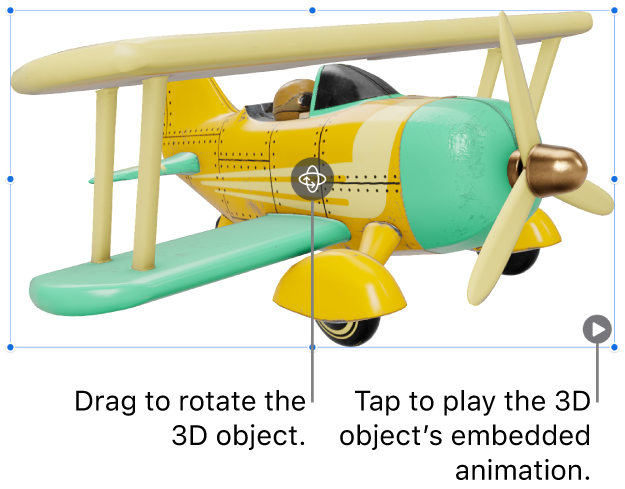 A 3D object with the Rotate button in the middle of the object and the Play button in the lower-right corner.