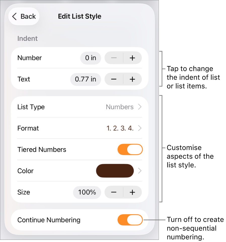 Edit List Style menu with controls for indent spacing, list type and format, tiered numbers, list colour and size, and continued numbering.
