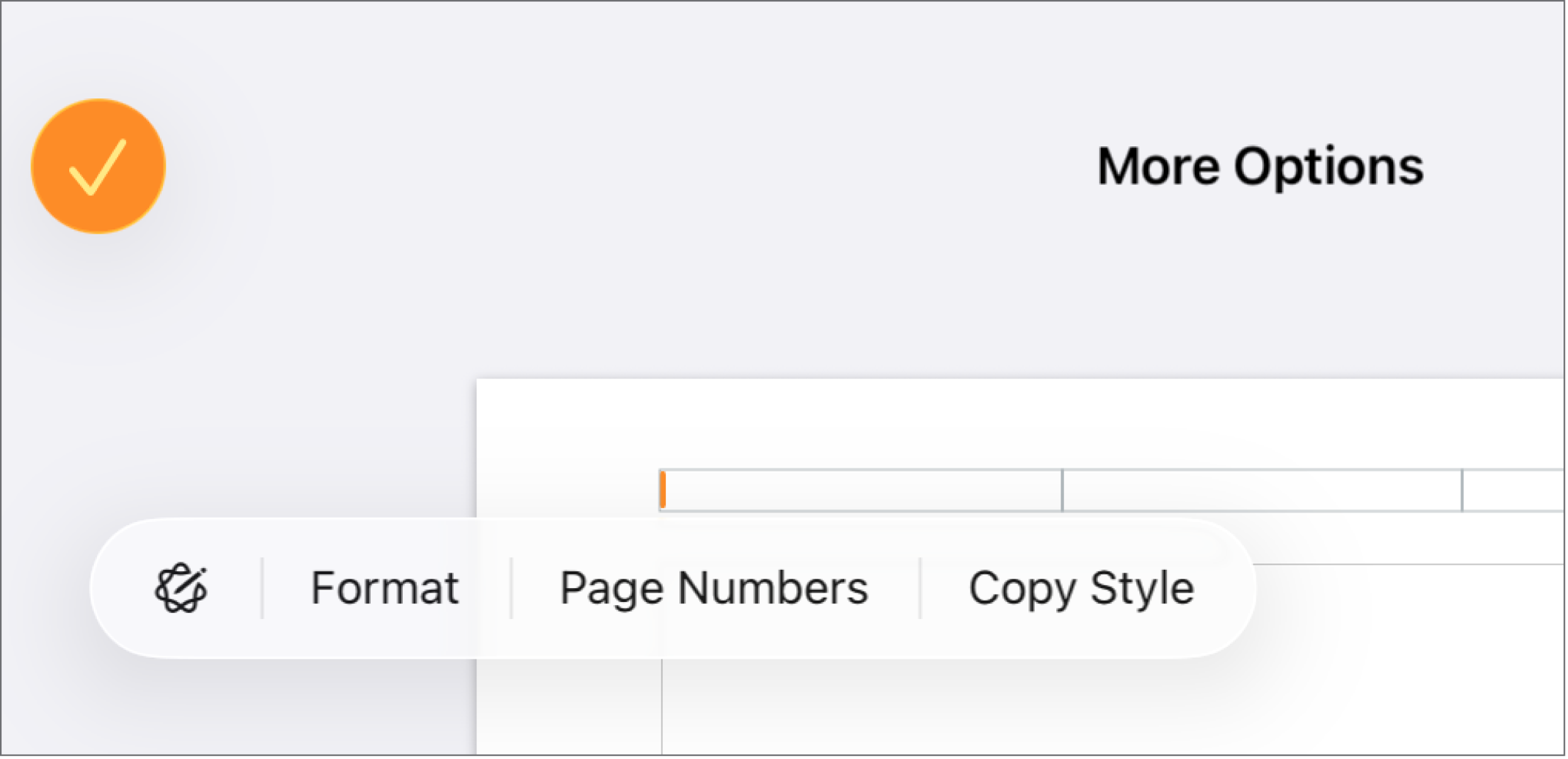 Three header fields with the insertion point in the centre one and a pop-up menu showing Page Numbers.
