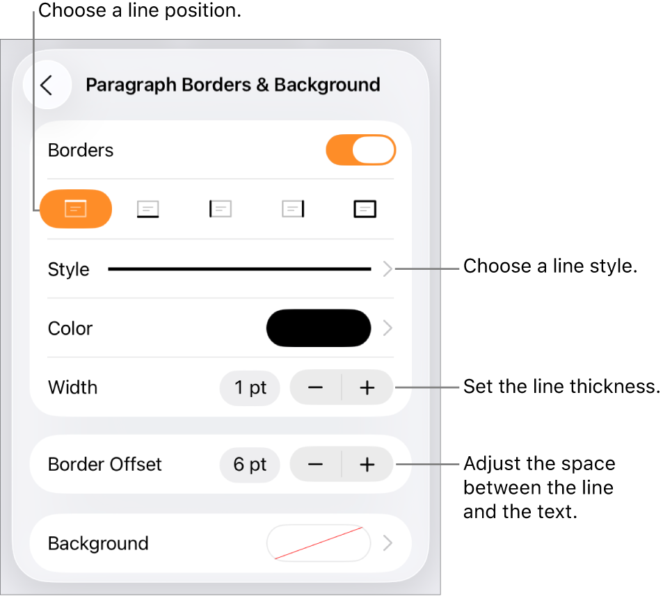 Controls to change the line style, thickness, position and colour.