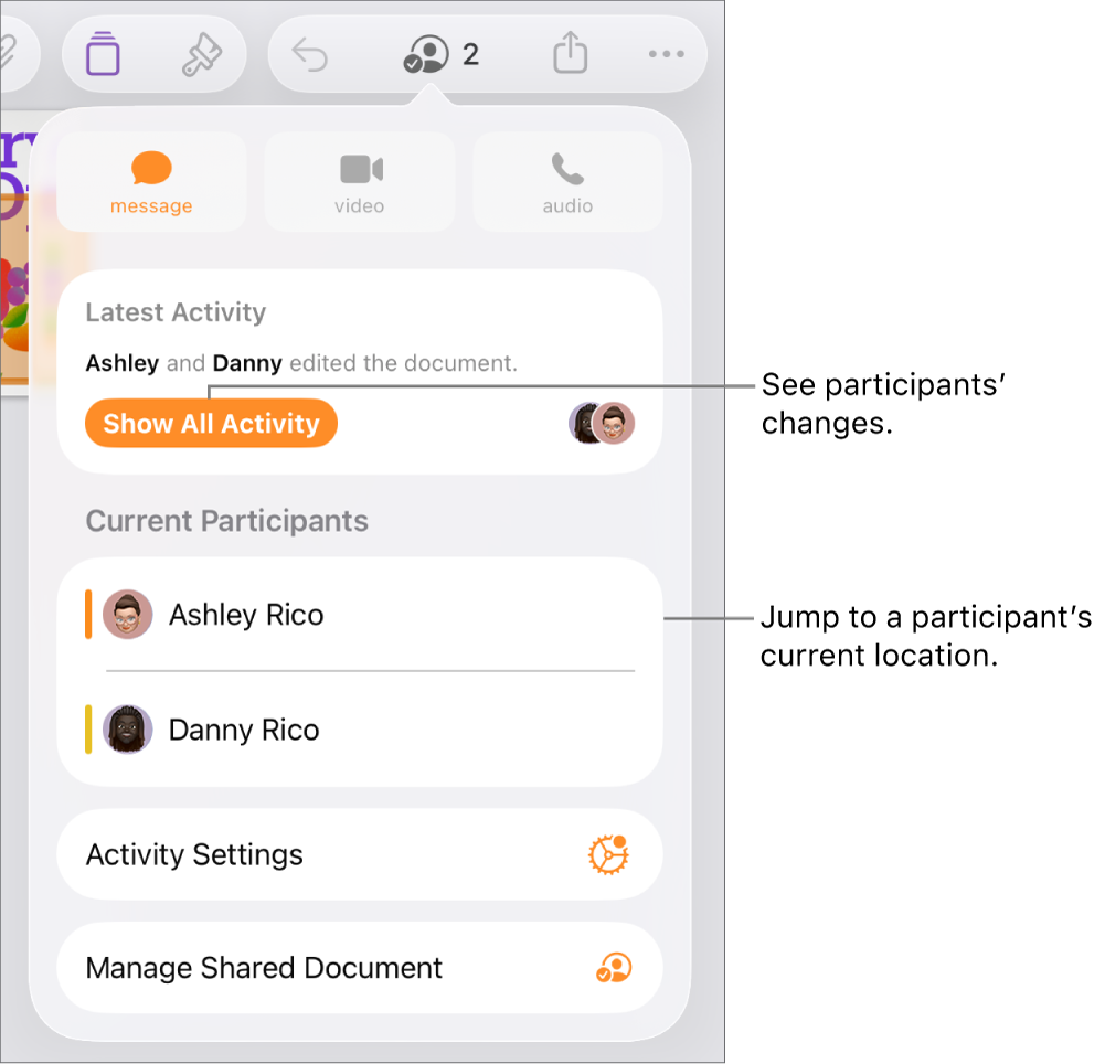 The collaboration menu with current participants listed.