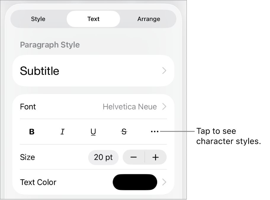 The Format controls with paragraph styles at the top, then Font controls. Below Font are the Bold, Italic, Underline, Strikethrough and More Text Options buttons.