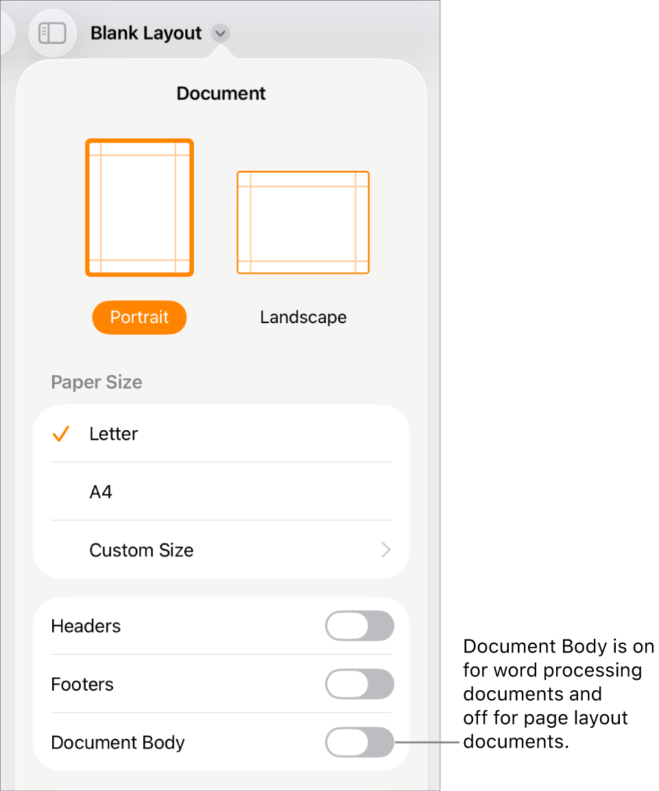 The Document format controls with Document Body turned on near the bottom of the screen.