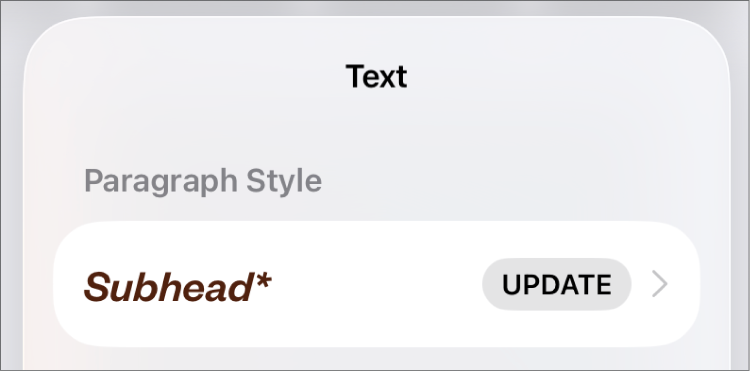 The Body paragraph style with an asterisk next to it and an Update button on the right.