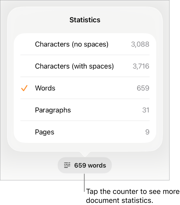 The word counter with a menu showing options to show the number of characters without and with spaces, word count, paragraph count and page count.