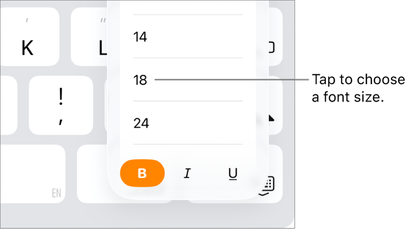 The Font Size button on the right side of the iPad keyboard with the Font Size menu open. China mainland government standard font sizes appear at the top of the menu with point sizes below.