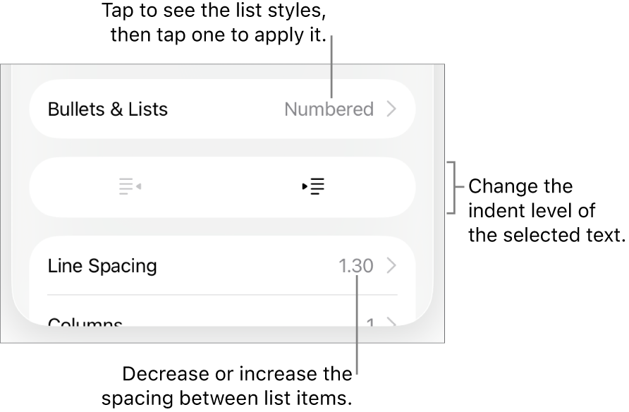 The Bullets & Lists section of the Format controls with callouts to Bullets & Lists, outdent and indent buttons, and line spacing controls.