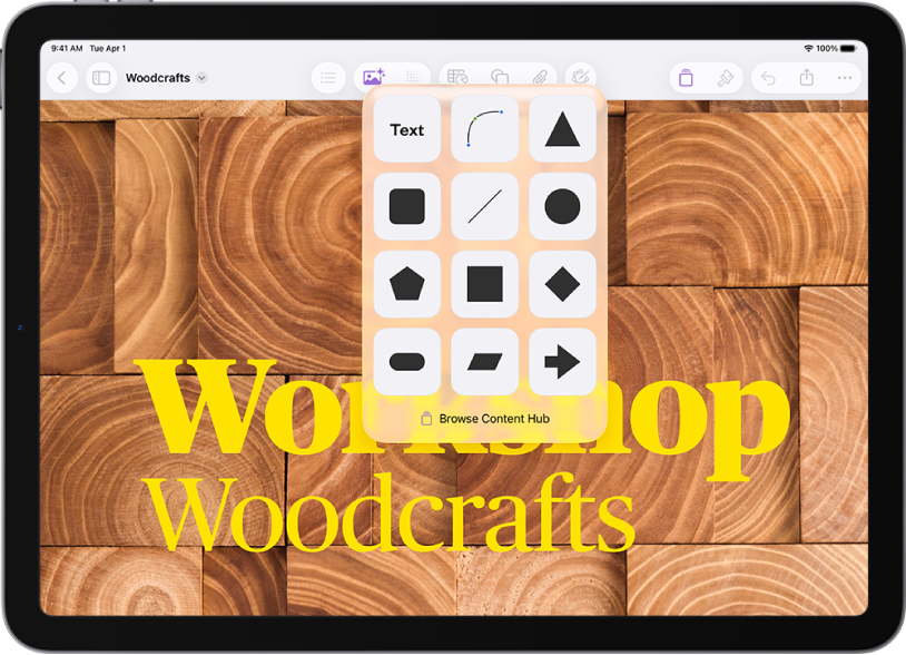 The Insert menu with buttons across the top to add tables, charts, shapes, and media. Shapes is selected and its menu shows a row of categories with a Search button on the left. The category Activities is selected and shapes appear below.