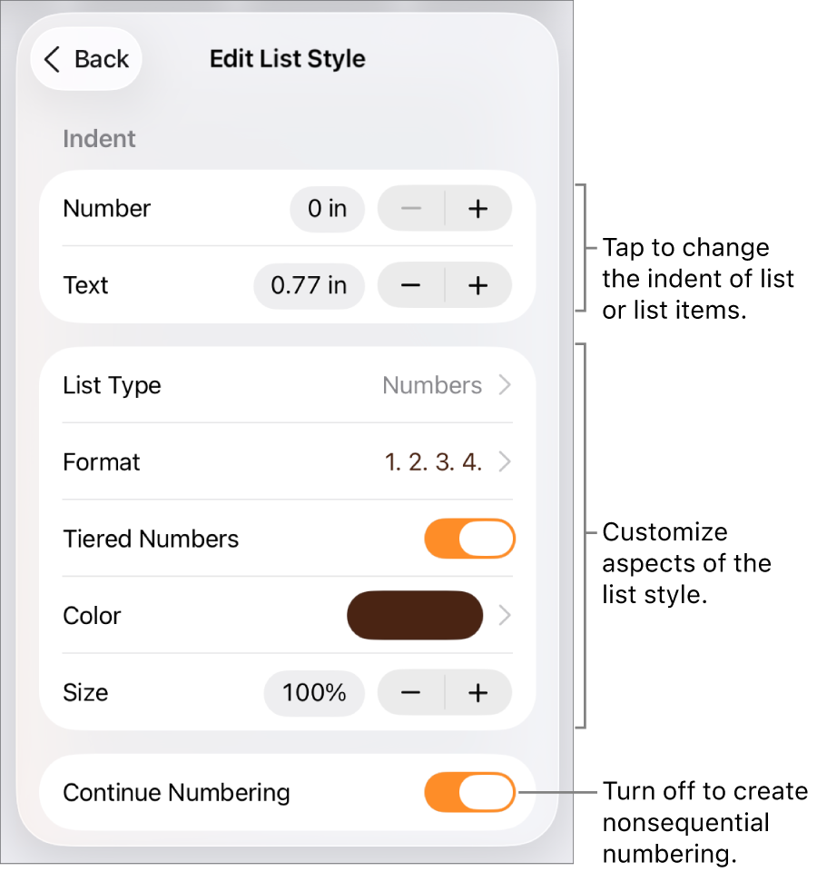 Edit List Style menu with controls for indent spacing, list type and format, tiered numbers, list color and size, and continued numbering.