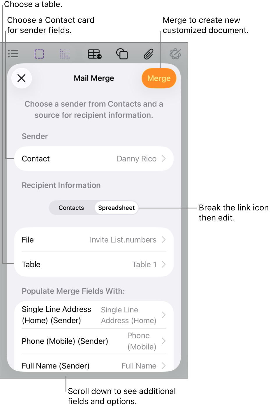 Mail Merge pane open, with options to choose sender information, change the source file or table, preview the merge field names, or merge the document.