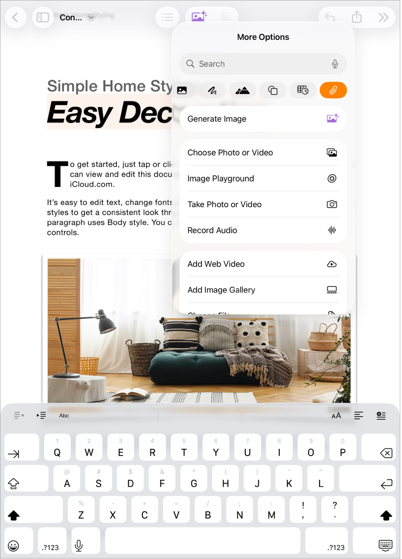 Pages document open with the Insert menu displayed and media menu open.