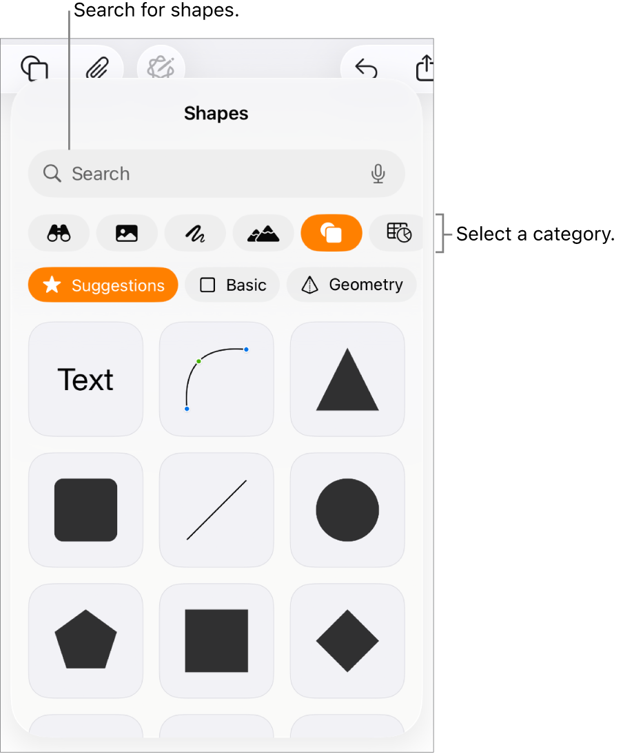 The shapes library, with categories at the top and shapes displayed below. You can use the search field at the top to find shapes and swipe to see more.
