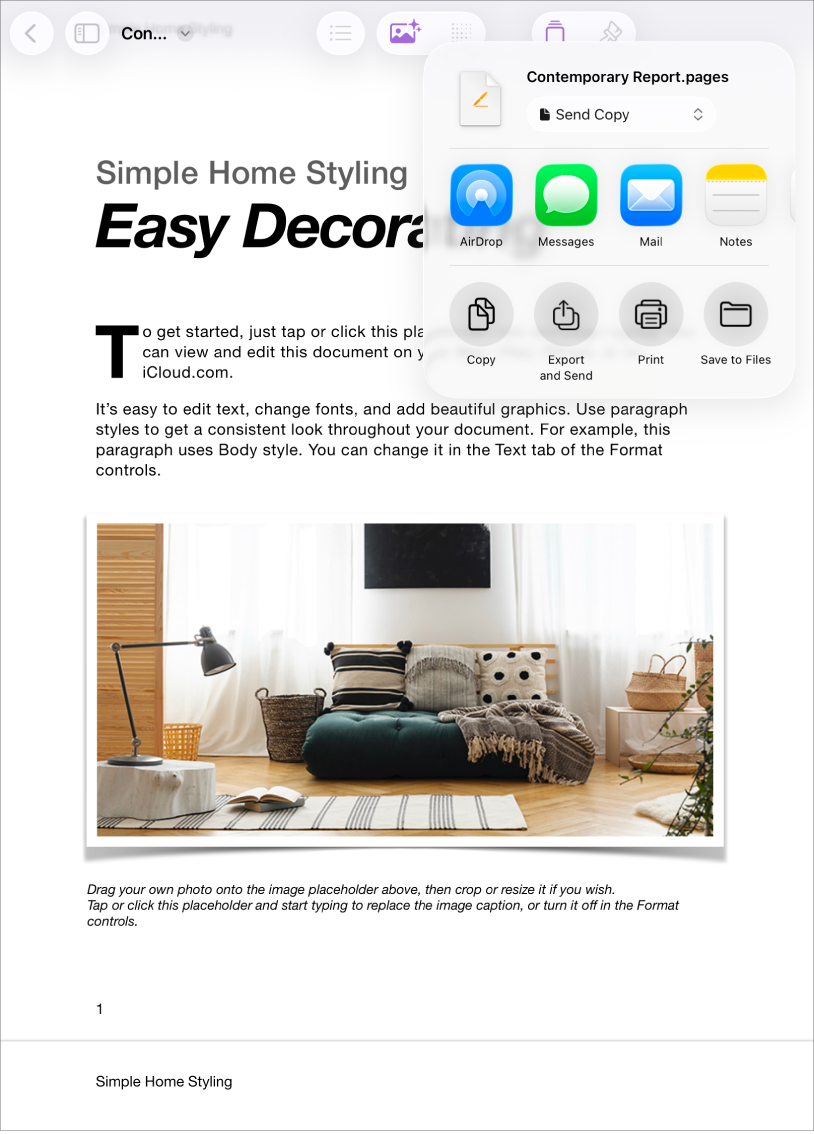 In a working document, with the options for Share or Export open.