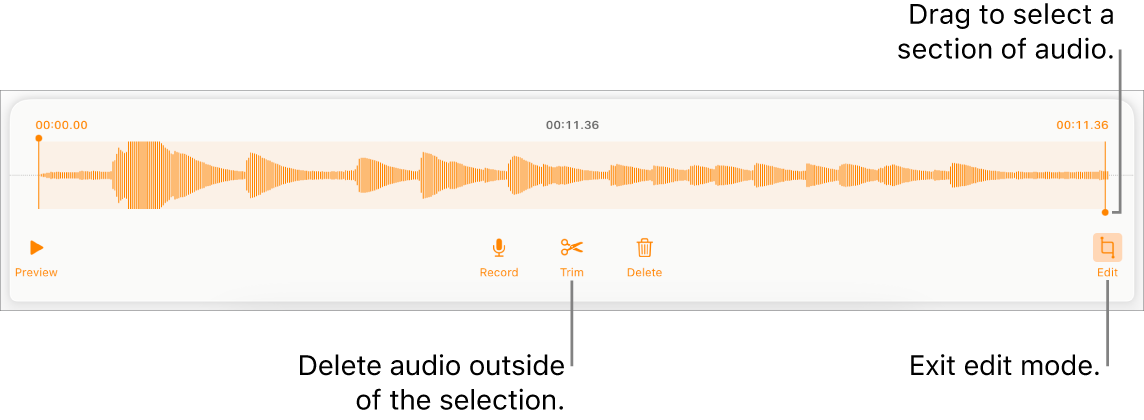 Controls for editing recorded audio. Handles indicate the selected section of the recording, and Preview, Record, Trim, Delete, and Edit Mode buttons are below.