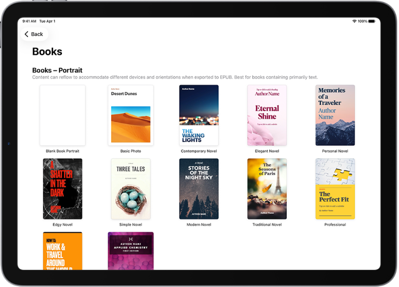 The template chooser with book templates in portrait orientation at the top and landscape orientation below.