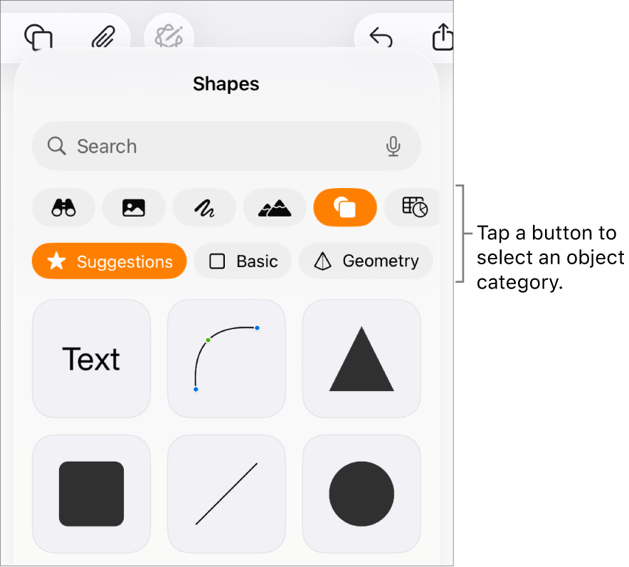 The controls for adding an object, with buttons at the top to choose tables, charts, shapes (including lines and text boxes), and media.