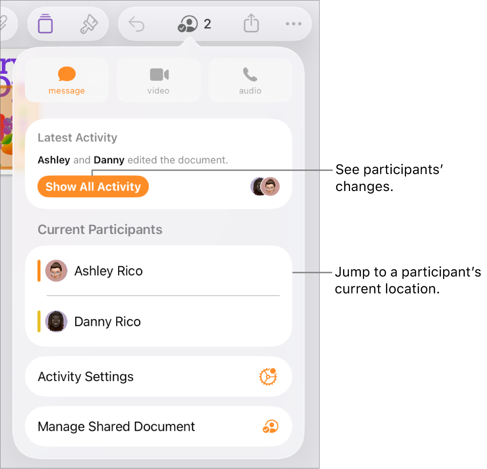 The collaboration menu with current participants listed.