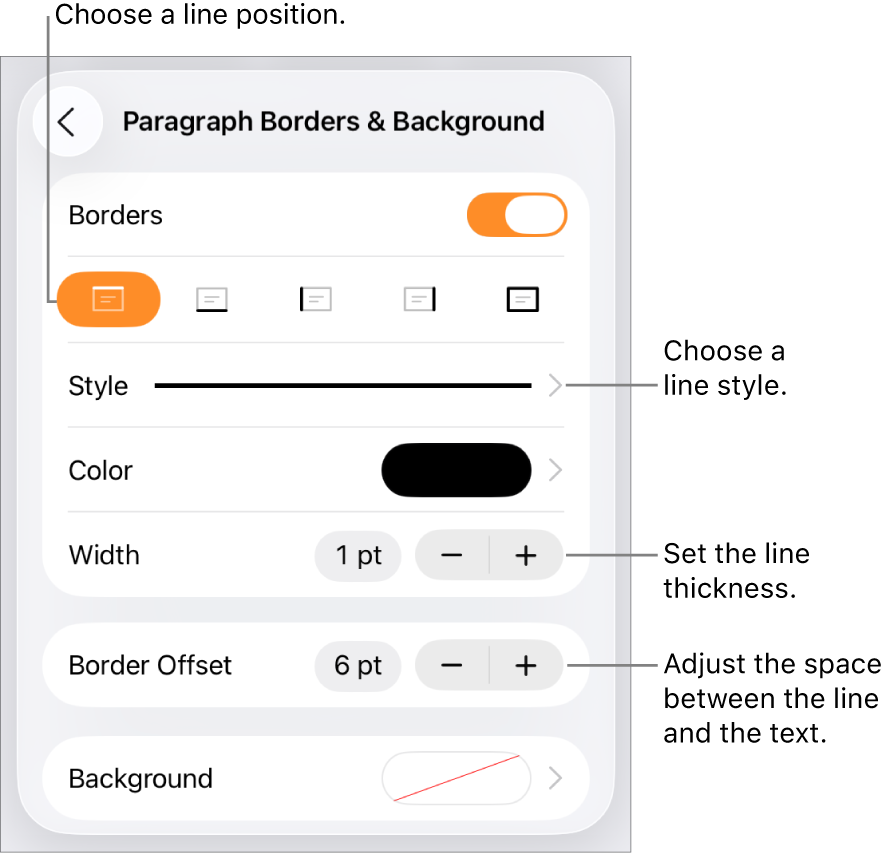 Controls to change the line style, thickness, position, and color.