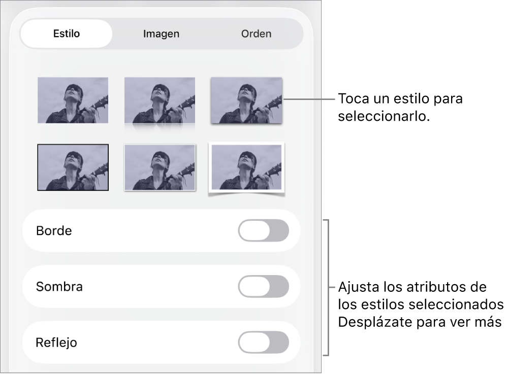La pestaña Estilo del menú Formato con estilos de objeto en la parte superior y controles debajo para cambiar el borde, la sombra, el reflejo y la opacidad.