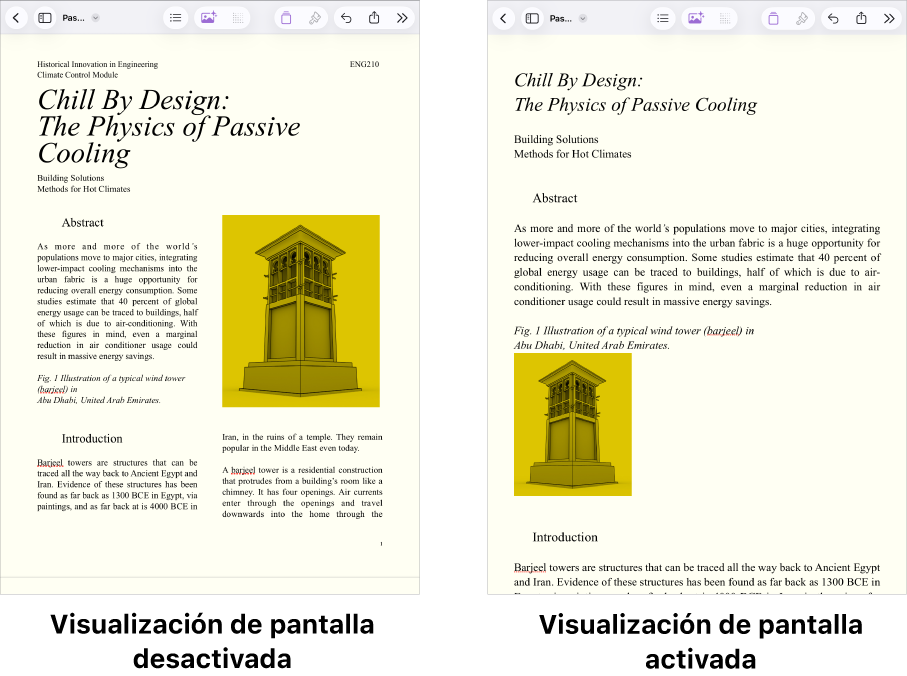 Dos versiones del mismo documento de Pages: uno con la visualización de pantalla activada y otro con la visualización de pantalla desactivada. En la versión con la visualización de pantalla activada, el tamaño del texto se ajusta para la pantalla, y se ocultan los saltos de página y encabezados.