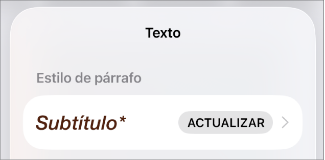 El estilo de párrafo Cuerpo con un asterisco junto a él y un botón Actualizar a la derecha.