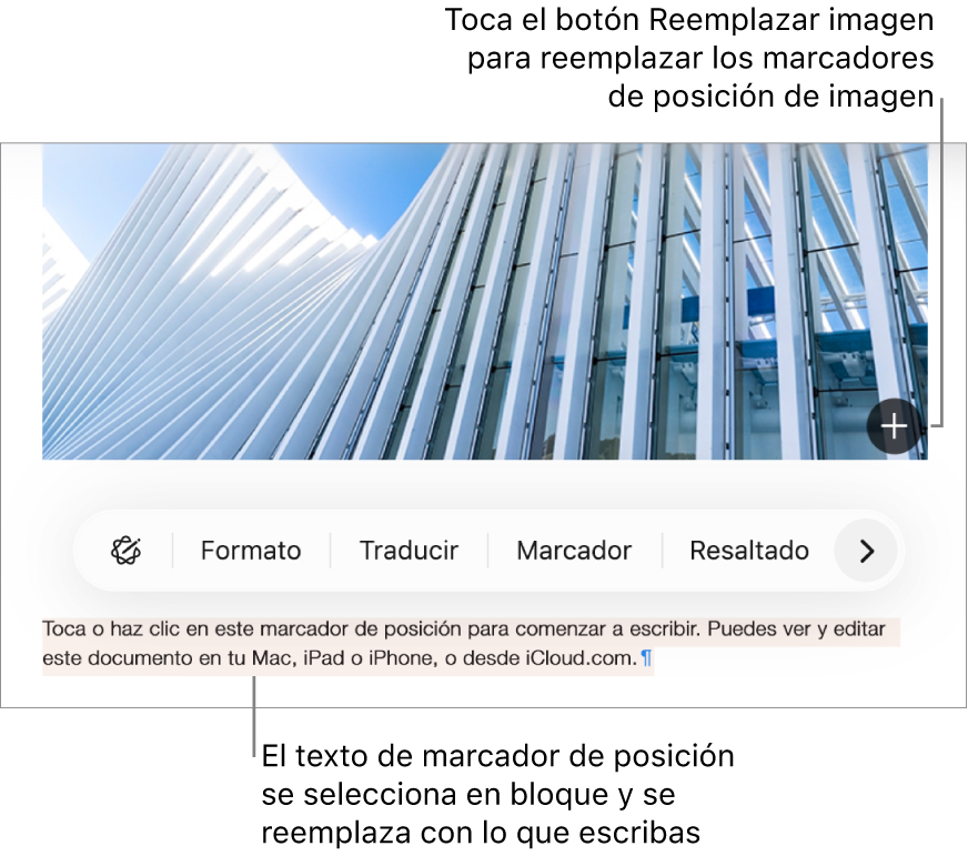 Texto e imágenes de marcador de posición.
