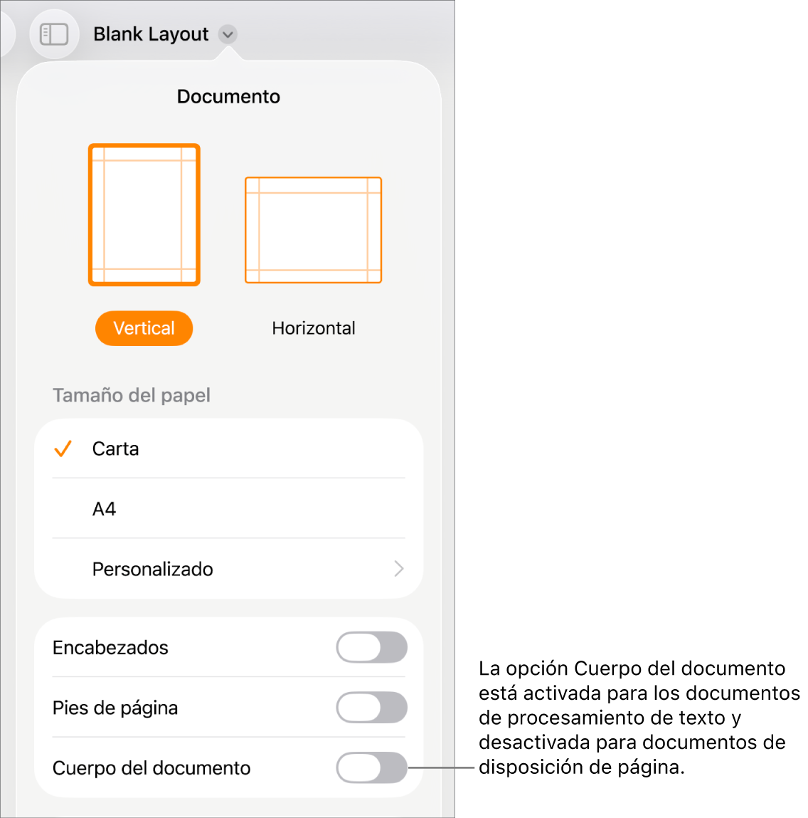 Los controles de formato del Documento con la opción Cuerpo del documento activada cerca de la parte inferior de la pantalla.